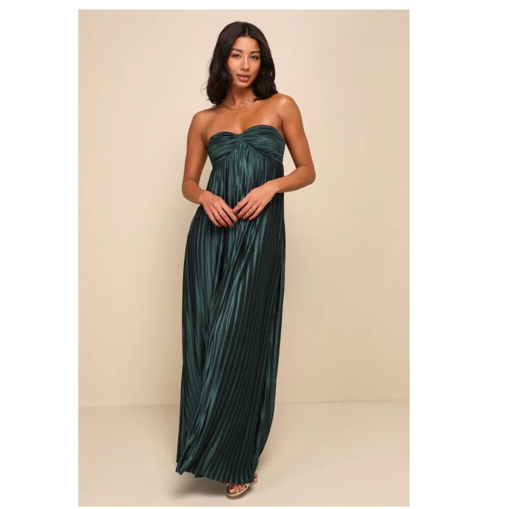 Lulus - Whimsical Beauty Emerald Green Satin Plisse Strapless Maxi Dress